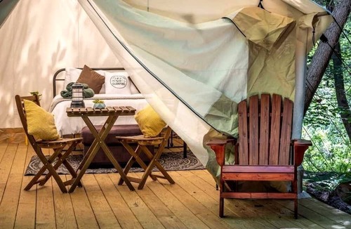 Broadalbin RV Rental | Spacious Group Glamping Site with Safari Tents, BBQ Gazebo, Fire Pits, Forest Trails in Broadalbin, New York